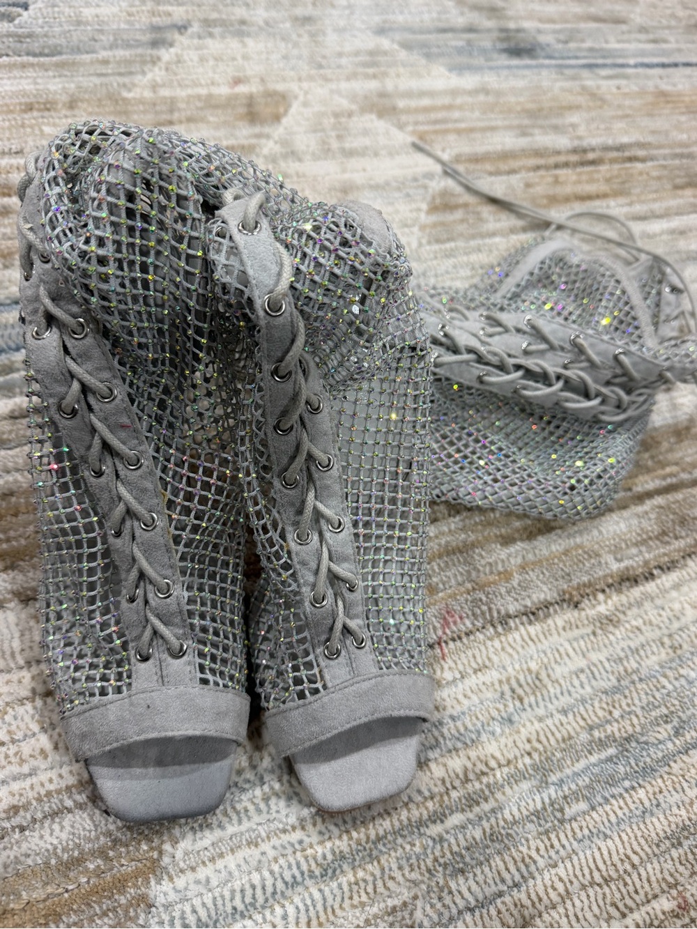 Sparkling Gray Mesh Lace-Up Peep-Toe Boots